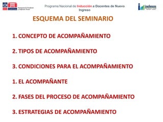 Programa Nacional de Inducción a Docentes de Nuevo
Ingreso
1. CONCEPTO DE ACOMPAÑAMIENTO
2. TIPOS DE ACOMPAÑAMIENTO
3. CONDICIONES PARA EL ACOMPAÑAMIENTO
1. EL ACOMPAÑANTE
2. FASES DEL PROCESO DE ACOMPAÑAMIENTO
3. ESTRATEGIAS DE ACOMPAÑAMIENTO
ESQUEMA DEL SEMINARIO
 