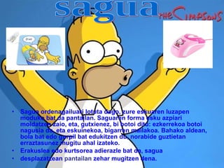 Sagua ordenagailuari lotuta dago, zure eskuaren luzapen moduko bat da pantailan. Saguaren forma esku azpiari moldatzen zaio, eta, gutxienez, bi botoi ditu: ezkerrekoa botoi nagusia da, eta eskuinekoa, bigarren mailakoa. Bahako aldean, bola bat edo gurpil bat edukitzen du, norabide guztietan erraztasunez mugitu ahal izateko. Erakuslea edo kurtsorea adierazle bat da, sagua  desplazatzean  pantailan  zehar mugitzen dena. sagua 