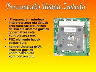 Programaren aginduak interpretatzeaz eta datuak prozesatzeaz arduratzen da, bai eta sistema guztiak gobernatzeaz eta kontrolatzeaz ere. PUZ elementu hauek osatze dute: kontrol Unitatea  (KU) . Prozesu guztiak koordinatzen eta kontrolatzen ditu   Prozesatzeko Unitate Zentrala 