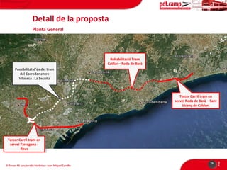 Detall de la proposta
Planta General

Rehabilitació Tram
Rehabilitació Tram
Catllar –– Roda de Barà
Catllar Roda de Barà
Possibilitat d’ús del tram
Possibilitat d’ús del tram
del Corredor entre
del Corredor entre
Vilaseca i i La Secuita
Vilaseca La Secuita

Tercer Carril tram en
Tercer Carril tram en
servei Roda de Barà –– Sant
servei Roda de Barà Sant
Vicenç de Calders
Vicenç de Calders

El Tercer Fil: una errada històrica – Joan Miquel Carrillo

26

PÀG

Tercer Carril tram en
Tercer Carril tram en
servei Tarragona - servei Tarragona
Reus
Reus

 