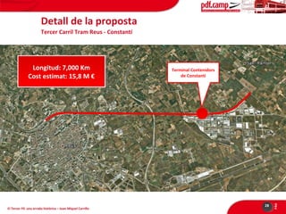 Detall de la proposta
Tercer Carril Tram Reus - Constantí

El Tercer Fil: una errada històrica – Joan Miquel Carrillo

Terminal Contenidors
de Constantí

28

PÀG

Longitud: 7,000 Km
Longitud: 7,000 Km
Cost estimat: 15,8 M €€
Cost estimat: 15,8 M

 