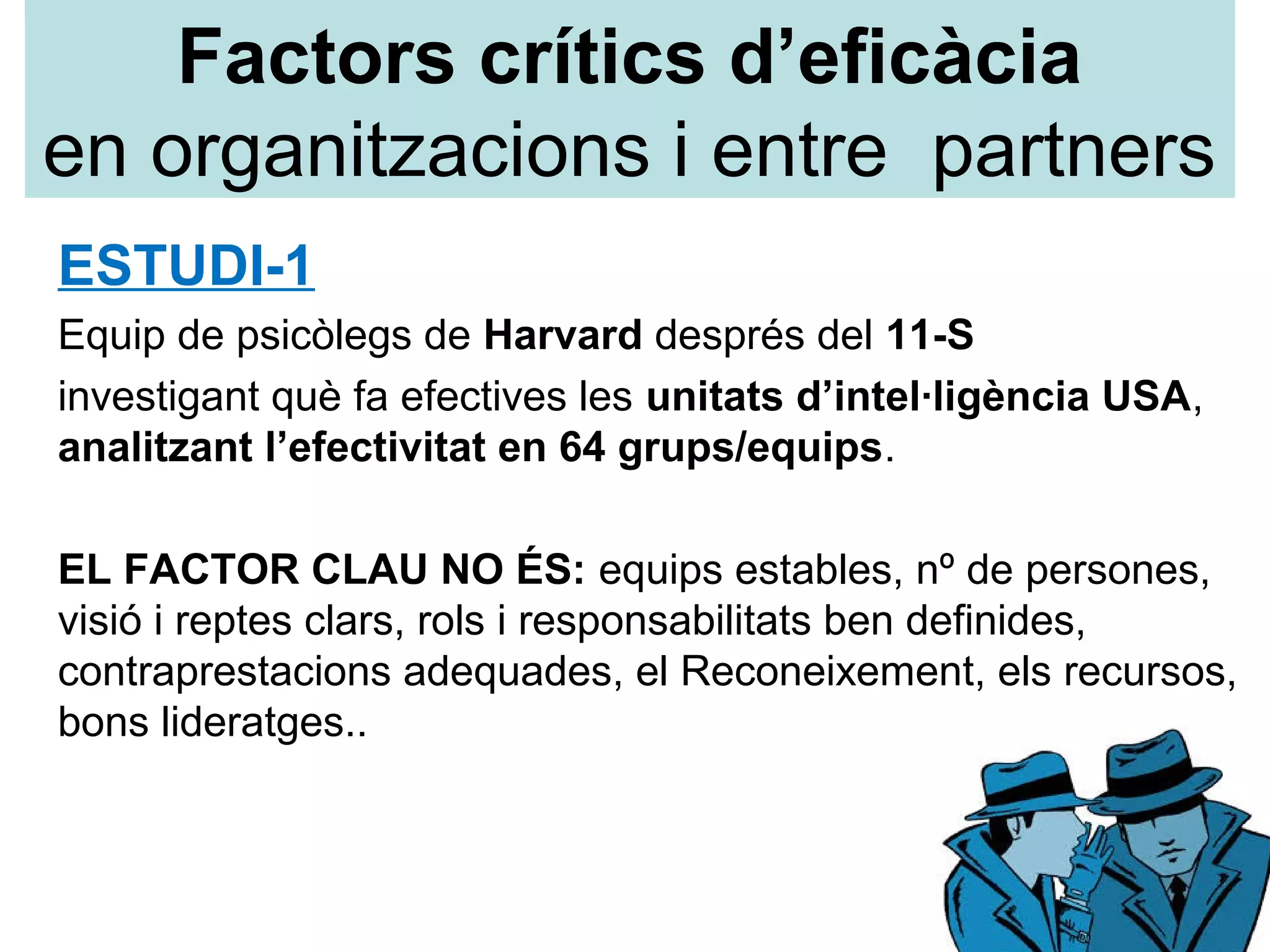 Factors crítics d’eficàcia
en organitzacions i entre partners
ESTUDI-1
Equip de psicòlegs de Harvard després del 11-S
investigant què fa efectives les unitats d’intel·ligència USA,
analitzant l’efectivitat en 64 grups/equips.
EL FACTOR CLAU NO ÉS: equips estables, nº de persones,
visió i reptes clars, rols i responsabilitats ben definides,
contraprestacions adequades, el Reconeixement, els recursos,
bons lideratges..
 
