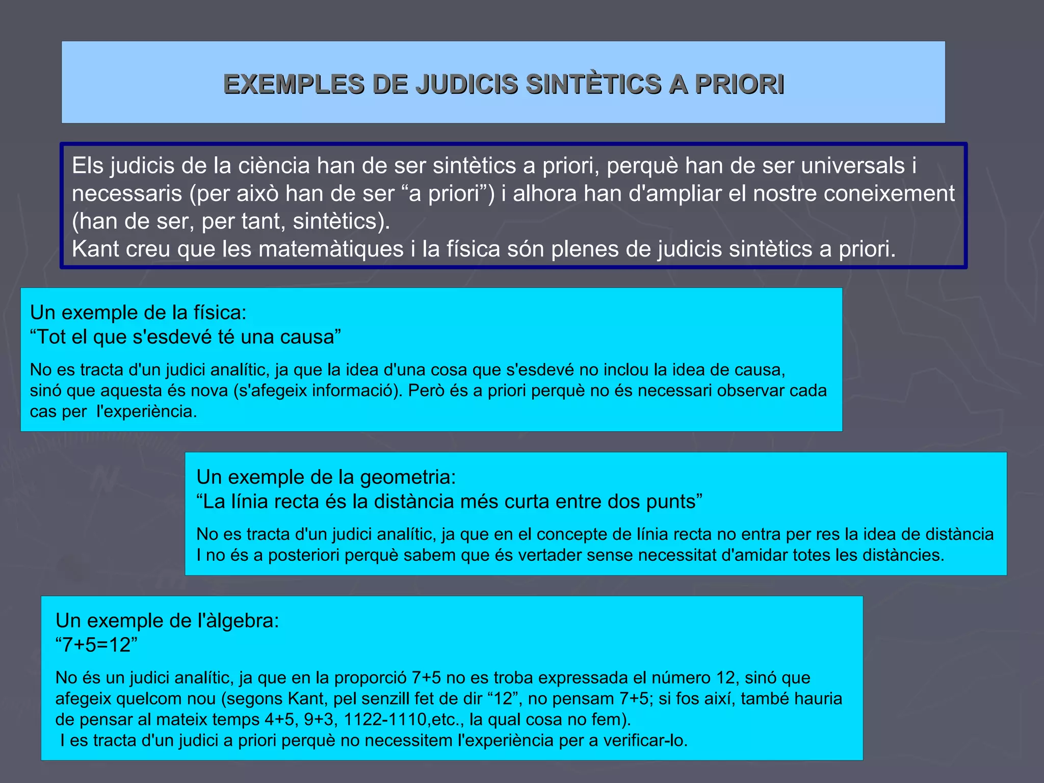 EXEMPLES DE JUDICIS SINTÈTICS A PRIORI
Els judicis de la ciència han de ser sintètics a priori, perquè han de ser universals i
necessaris (per això han de ser “a priori”) i alhora han d'ampliar el nostre coneixement
(han de ser, per tant, sintètics).
Kant creu que les matemàtiques i la física són plenes de judicis sintètics a priori.
Un exemple de la física:
“Tot el que s'esdevé té una causa”
No es tracta d'un judici analític, ja que la idea d'una cosa que s'esdevé no inclou la idea de causa,
sinó que aquesta és nova (s'afegeix informació). Però és a priori perquè no és necessari observar cada
cas per l'experiència.

Un exemple de la geometria:
“La línia recta és la distància més curta entre dos punts”
No es tracta d'un judici analític, ja que en el concepte de línia recta no entra per res la idea de distància
I no és a posteriori perquè sabem que és vertader sense necessitat d'amidar totes les distàncies.

Un exemple de l'àlgebra:
“7+5=12”
No és un judici analític, ja que en la proporció 7+5 no es troba expressada el número 12, sinó que
afegeix quelcom nou (segons Kant, pel senzill fet de dir “12”, no pensam 7+5; si fos així, també hauria
de pensar al mateix temps 4+5, 9+3, 1122-1110,etc., la qual cosa no fem).
I es tracta d'un judici a priori perquè no necessitem l'experiència per a verificar-lo.

 