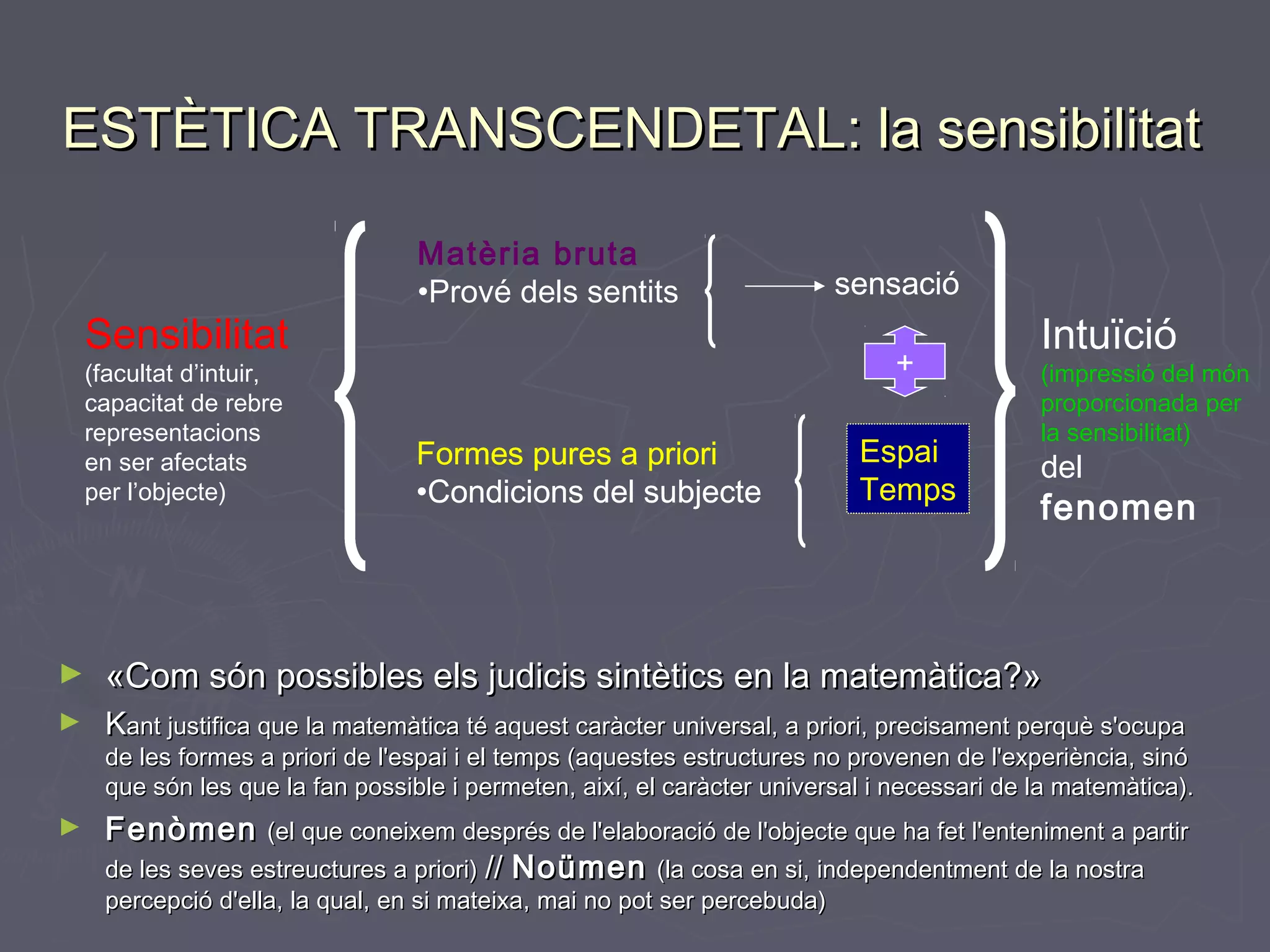 ESTÈTICA TRANSCENDETAL: la sensibilitat
Sensibilitat
(facultat d’intuir,
capacitat de rebre
representacions
en ser afectats
per l’objecte)

Matèria bruta
•Prové dels sentits

sensació
+

Formes pures a priori
•Condicions del subjecte

Espai
Temps

Intuïció

(impressió del món
proporcionada per
la sensibilitat)

del

fenomen

►

«Com són possibles els judicis sintètics en la matemàtica?»

►

Kant justifica que la matemàtica té aquest caràcter universal, a priori, precisament perquè s'ocupa

de les formes a priori de l'espai i el temps (aquestes estructures no provenen de l'experiència, sinó
que són les que la fan possible i permeten, així, el caràcter universal i necessari de la matemàtica).

►

Fenòmen

(el que coneixem després de l'elaboració de l'objecte que ha fet l'enteniment a partir
de les seves estreuctures a priori) // Noümen (la cosa en si, independentment de la nostra
percepció d'ella, la qual, en si mateixa, mai no pot ser percebuda)

 