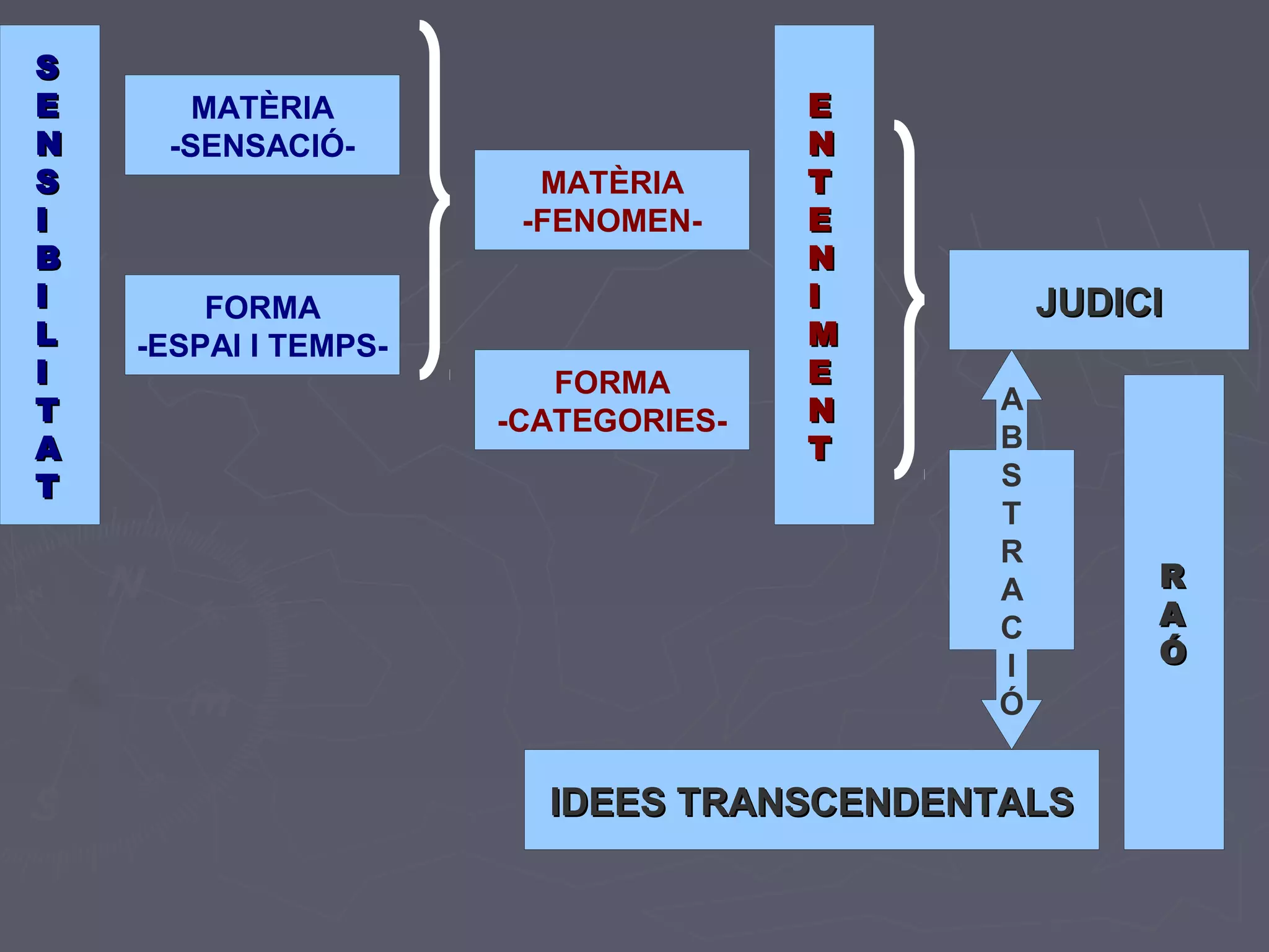 S
E
N
S
I
B
I
L
I
T
A
T

MATÈRIA
-SENSACIÓMATÈRIA
-FENOMENFORMA
-ESPAI I TEMPSFORMA
-CATEGORIES-

E
N
T
E
N
I
M
E
N
T

JUDICI
A
B
S
T
R
A
C
I
Ó

IDEES TRANSCENDENTALS

R
A
Ó

 