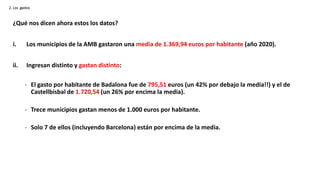 2. Los gastos
¿Qué nos dicen ahora estos los datos?
i. Los municipios de la AMB gastaron una media de 1.369,94 euros por h...
