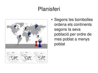 Planisferi
            ●   Segons les bombolles 
                ordena els continents 
                segons la seva 
                població per ordre de 
                mes poblat a menys 
                poblat 




         
 
