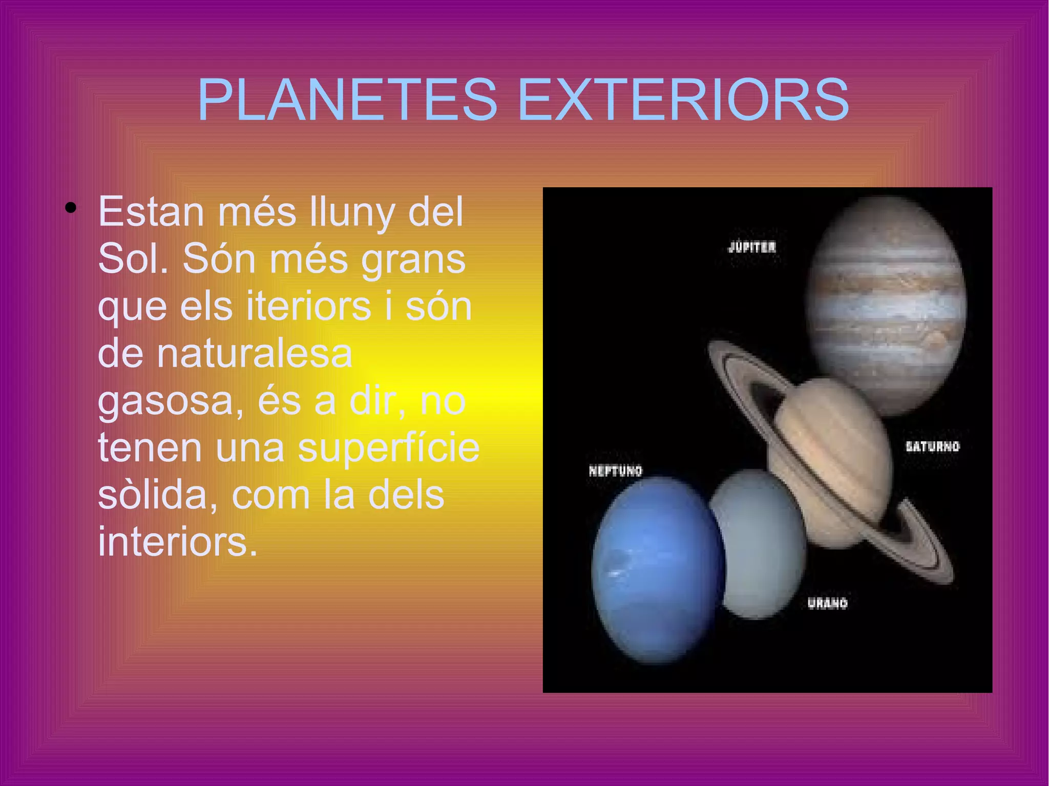 PLANETES EXTERIORS

    Estan més lluny del
    Sol. Són més grans
    que els iteriors i són
    de naturalesa
    gasosa, és a dir, no
    tenen una superfície
    sòlida, com la dels
    interiors.
 
