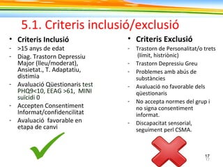 17
5.1. Criteris inclusió/exclusió
• Criteris Inclusió
- >15 anys de edat
- Diag. Trastorn Depressiu
Major (lleu/moderat),
Ansietat., T. Adaptatiu,
distimia
- Avaluació Qüestionaris test
PHQ9<10, EEAG >61, MINI
suïcidi 0
- Accepten Consentiment
Informat/confidencilitat
- Avaluació favorable en
etapa de canvi
• Criteris Exclusió
- Trastorn de Personalitat/o trets
(límit, histriònic)
- Trastorn Depressiu Greu
- Problemes amb abús de
substàncies
- Avaluació no favorable dels
qüestionaris
- No accepta normes del grup i
no signa consentiment
informat.
- Discapacitat sensorial,
seguiment perl CSMA.
17
 