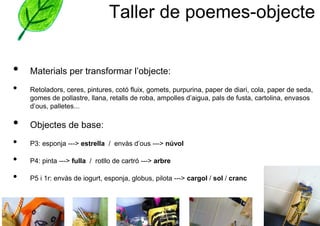 Taller de poemes-objecte


•   Materials per transformar l’objecte:
•   Retoladors, ceres, pintures, cotó fluix, gomets, purpurina, paper de diari, cola, paper de seda,
    gomes de pollastre, llana, retalls de roba, ampolles d’aigua, pals de fusta, cartolina, envasos
    d’ous, palletes...

•   Objectes de base:
•   P3: esponja ---> estrella / envàs d’ous ---> núvol

•   P4: pinta ---> fulla / rotllo de cartró ---> arbre

•   P5 i 1r: envàs de iogurt, esponja, globus, pilota ---> cargol / sol / cranc
 
