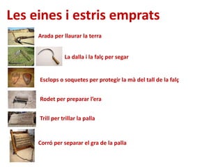 Les eines i estris emprats
Arada per llaurar la terra
La dalla i la falç per segar
Esclops o soquetes per protegir la mà del tall de la falç
Rodet per preparar l’era
Corró per separar el gra de la palla
Trill per trillar la palla
 
