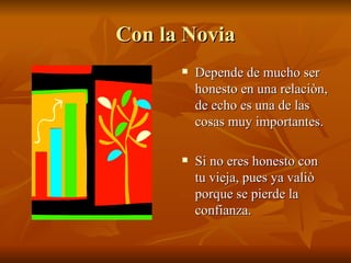 Con la Novia Depende de mucho ser honesto en una relaciòn, de echo es una de las cosas muy importantes. Si no eres honesto con tu vieja, pues ya valiò porque se pierde la confianza. 