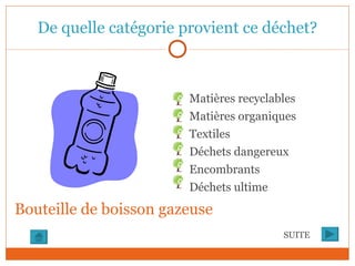 De quelle catégorie provient ce déchet? SUITE Bouteille de boisson gazeuse Matières recyclables Matières organiques Textiles Déchets dangereux Encombrants Déchets ultime 