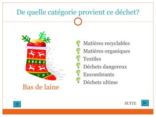 De quelle catégorie provient ce déchet? SUITE Bas de laine Matières recyclables Matières organiques Textiles Déchets dangereux Encombrants Déchets ultime 