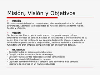 Misión, Visión y Objetivos MISIÓN El compromiso total con los consumidores, elaborando productos de calidad diferenciada. Satisfacer las necesidades de nuestros clientes en forma rápida, flexible y eficiente.  VISIÓN  Ser la empresa líder en yerba mate y arroz, con productos que reúnan estándares elevados de calidad, basados en la capacidad y profesionalismo de su gente. Una empresa centenaria que apuesta diariamente al país, proveyendo y desarrollando productos de la mejor calidad, haciendo realidad el sueño de su fundador; una gran empresa comprometida con el desarrollo del país.  OBJETIVOS   - Controlar todos los procesos de elaboración - Cumplir con los plazos acordados de entrega - Conocer y satisfacer las necesidades de los consumidores - Crear vínculos de fidelidad con los mismos - Capacitar permanentemente al personal para adecuarse a los cambios - Insertar a la empresa en un mundo globalizado 