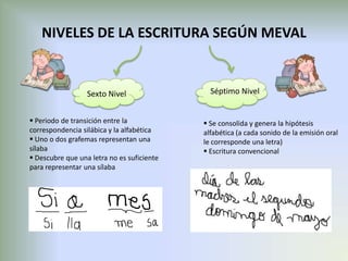 NIVELES DE LA ESCRITURA SEGÚN MEVAL


                  Sexto Nivel                 Séptimo Nivel


 Periodo de transición entre la             Se consolida y genera la hipótesis
correspondencia silábica y la alfabética    alfabética (a cada sonido de la emisión oral
 Uno o dos grafemas representan una        le corresponde una letra)
sílaba                                       Escritura convencional
 Descubre que una letra no es suficiente
para representar una sílaba
 