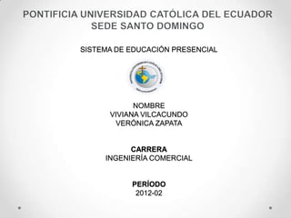 SISTEMA DE EDUCACIÓN PRESENCIAL




            NOMBRE
      VIVIANA VILCACUNDO
       VERÓNICA ZAPATA


           CARRERA
     INGENIERÍA COMERCIAL


           PERÍODO
            2012-02
 