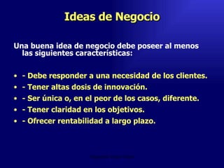 Ideas de Negocio Una buena idea de negocio debe poseer al menos las siguientes características:  - Debe responder a una necesidad de los clientes.  - Tener altas dosis de innovación.  - Ser única o, en el peor de los casos, diferente.  - Tener claridad en los objetivos.  - Ofrecer rentabilidad a largo plazo. Emperatriz Talero Talero 