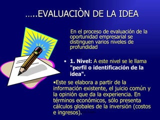 En el proceso de evaluación de la oportunidad empresarial se distinguen varios niveles de profundidad 1. Nivel:  A este nivel se le llama  "perfil o identificación de la idea".   Emperatriz Talero Talero … ..EVALUACIÒN DE LA IDEA Este se elabora a partir de la información existente, el juicio común y la opinión que da la experiencia. En términos económicos, sólo presenta cálculos globales de la inversión (costos e ingresos). 