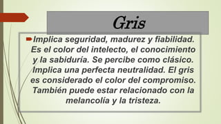 Gris
Implica seguridad, madurez y fiabilidad.
Es el color del intelecto, el conocimiento
y la sabiduría. Se percibe como clásico.
Implica una perfecta neutralidad. El gris
es considerado el color del compromiso.
También puede estar relacionado con la
melancolía y la tristeza.
 