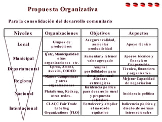 Propuesta Organizativa  Para la consolidación del desarrollo comunitario Aspectos Objetivos Organizaciones Niveles Apoyo técnico Asegurar calidad, aumentar productividad Grupos de productores Local Municipal Apoyos técnico y financiero Aumentar y retener valor agregado Ij’atz, Municipalidad otras organizaciones  etc. Departamental Cooperación Técnica, financiera y organizativa Ampliar posibilidades para desarrollo rural Uproa, Amnsi, Asuvim, CODED Regional Mejorar Capacidad de negociacion  Alianzas estrategicas Manos Campesinas y otras organizaciones Nacional Incidencia política Incidencia política para desarrollo rural y propuesta cafetalera Plataforma, Redsag, otras redes.  Internacional Indicencia política y diseño de normas internacionales Fortalecer y ampliar el mercado equitativo CLACC Fair Trade Labeling Organizations (FLO) 