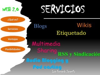 WEB 2.O               SERVICIOS
  ¿Qué es?


   Servicios
                   Blogs              Wikis
                               Etiquetado
   Ventajas

                   Multimedia
 Posibilidades
                     Sharing
                             RSS y Sindicación
                 Audio Blogging y
                   Pod casting
                           Luis Fernando Jaramillo
 