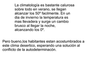La climatología es bastante calurosa sobre todo en verano, se llegan alcanzar los 50º facilmente. En un dia de invierno la temperatura es mas llevadera y surge un cambio brusco al llegar la noche, alcanzando los 0º. Pero bueno,los habitantes estan acostumbrados a este clima desertico, esperando una solución al conflicto de la autodeterminacón. 