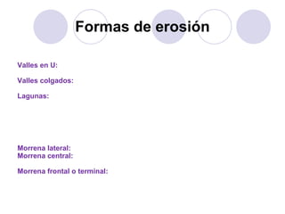 Formas de erosión Valles en U:  los glaciares alpinos excavan valles con perfil transversal con forma de U. Valles colgados:  valles antiguos, en lo que su fondo queda por encima del nivel del valle principal. Lagunas:  el glaciar sobrepasa su cauce, el fondo del circo es más profundo que el inicio del valle, y luego al derretirse el hielo se forman lagunas. Formas de sedimentación Morrena lateral:  a los lados de la lengua del glaciar Morrena central:  cuando se unen 2 o más lenguas y se unen las morrenas laterales.  Morrena frontal o terminal:  esta en el frente del glaciar 