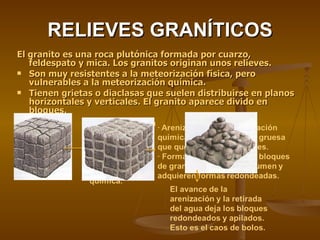 RELIEVES GRANÍTICOS El granito es una roca plutónica formada por cuarzo, feldespato y mica. Los granitos originan unos relieves.  Son muy resistentes a la meteorización física, pero vulnerables a la meteorización química. Tienen grietas o diaclasas que suelen distribuirse en planos horizontales y verticales. El granito aparece divido en bloques. 