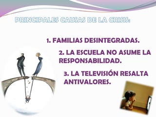 PRINCIPALES CAUSAS DE LA CRISIS:2. LA ESCUELA NO ASUME LA RESPONSABILIDAD.1. FAMILIAS DESINTEGRADAS.3. LA TELEVISIÓN RESALTA ANTIVALORES.