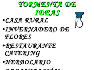 TORMENTA DE IDEAS CASA RURAL INVERNADERO DE FLORES  RESTAURANTE CATERING HERBOLARIO ORGANIZACIÓN EVENTOS 