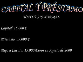 HIPÓTESIS NORMAL Capital: 15.000 € Préstamo: 39.000 € Pago a Cuenta: 15.000 Euros en Agosto de 2009 CAPITAL Y PRÉSTAMO 