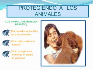 PROTEGIENDO  A   LOS  ANIMALES¡LOS  ANIMALITOS MERECEN  RESPETO¡          ¿Qué cuidados se les debe             dar a los animalitos.          ¿Cómo debo cuidar a mi              mascota?          ¿Cómo proteger a los              animalitos en peligro             de extinción?