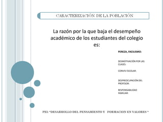 PEI: “DESARROLLO DEL PENSAMIENTO Y FORMACION EN VALORES “
La razón por la que baja el desempeño
académico de los estudiantes del colegio
es:
PEREZA, FACILISMO:
DESMOTIVACIÓN POR LAS
CLASES:
CONVIV ESCOLAR:
DESPREOCUPACIÓN DEL
PROFESOR:
RESPONSABILIDAD
FAMILIAR:
 