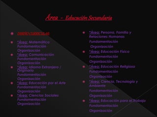 DISEÑOCURRICULAR:
 *Área: Matemática
Fundamentación
Organización
 *Área: Comunicación
Fundamentación
Organización
 *Área: Idioma Extranjero /
Originario
Fundamentación
Organización
 *Área: Educación por el Arte
Fundamentación
Organización
 *Área: Ciencias Sociales
Fundamentación
Organización
 *Área: Persona, Familia y
Relaciones Humanas
Fundamentación
Organización
 *Área: Educación Física
Fundamentación
Organización
 *Área: Educación Religiosa
Fundamentación
Organización
 *Área: Ciencia, Tecnología y
Ambiente
Fundamentación
Organización
 *Área: Educación para el Trabajo
Fundamentación
Organización
 