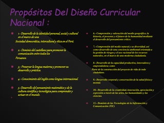  1.-Desarrollode laidentidadpersonal,socialy cultural
en el marcode una
Sociedaddemocrática,interculturaly éticaen el Perú.
 2.-Dominiodelcastellanoparapromoverla
comunicaciónentretodoslos
Peruanos.
 3.-Preservarla lenguamaternay promoversu
desarrolloy práctica.
 4.-Conocimientodelingléscomolenguainternacional.
 5.-Desarrollodelpensamientomatemáticoy de la
culturacientíficay tecnológicaparacomprendery
actuaren el mundo.

 6.- Comprensión y valoración del medio geográfico, la
historia, el presente y el futuro de la humanidad mediante
el desarrollo del pensamiento crítico.
 7.- Comprensión del medio natural y su diversidad, así
como desarrollo de una conciencia ambiental orientada a
la gestión de riesgos y el uso racional de los recursos
naturales, en el marco de una moderna ciudadanía.
 8.- Desarrollo de la capacidad productiva, innovadora y
emprendedora; como
Parte de la construcción del proyecto de vida de todo
ciudadano.
 9.- Desarrollo corporal y conservación de la salud física y
mental.
 10.- Desarrollo de la creatividad, innovación, apreciación y
expresión a través de las artes, las humanidades y las
ciencias.
 11.- Dominio de las Tecnologías de la Información y
Comunicación (TIC)
 