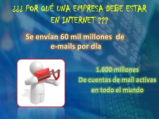 ¿¿¿ POR QUÉ UNA EMPRESA DEBE ESTAR EN INTERNET ???Se envían 60 mil millones  de e-mails por día1.600 millones De cuentas de mail activas en todo el mundo