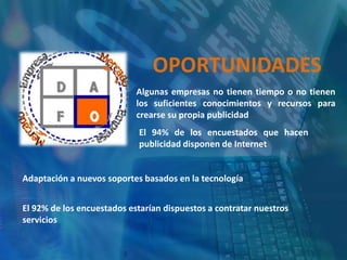 AMENAZASCrisis actual del entornoLa multitud de competidores, siendo algunos líderes en el sector de la publicidad onlineEl 28% de los encuestados no contratan ni piensan en la posibilidad de contratar publicidad