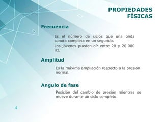 PROPIEDADES FÍSICAS Es el número de ciclos que una onda sonora completa en un segundo. Los jóvenes pueden oír entre 20 y 20.000 Hz. Posición del cambio de presión mientras se mueve durante un ciclo completo. Frecuencia Amplitud Angulo de fase Es la máxima ampliación respecto a la presión normal. 
