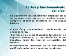 La generación de sensaciones auditivas en el ser humano es un proceso extraordinariamente complejo, el cual se desarrolla en tres etapas básicas: Captación y procesamiento mecánico de las ondas sonoras.  Conversión de la señal acústica (mecánica) en impulsos nerviosos, y transmisión de dichos impulsos hasta los centros sensoriales del cerebro.  Procesamiento neuronal de la información codificada en forma de impulsos nerviosos. Partes y funcionamiento del oído . 