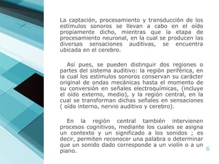 La captación, procesamiento y transducción de los estímulos sonoros se llevan a cabo en el oído propiamente dicho, mientras que la etapa de procesamiento neuronal, en la cual se producen las diversas sensaciones auditivas, se encuentra ubicada en el cerebro.  Así pues, se pueden distinguir dos regiones o partes del sistema auditivo: la región periférica, en la cual los estímulos sonoros conservan su carácter original de ondas mecánicas hasta el momento de su conversión en señales electroquímicas, (incluye el oído externo, medio), y la región central, en la cual se transforman dichas señales en sensaciones ( oído interno, nervio auditivo y cerebro). En la región central también intervienen procesos cognitivos, mediante los cuales se asigna un contexto y un significado a los sonidos ; es decir, permiten reconocer una palabra o determinar que un sonido dado corresponde a un violín o a un piano. 