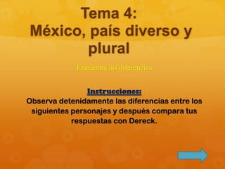 Tema 4: México, país diverso y plural Encuentra las diferencias Instrucciones: Observa detenidamente las diferencias entre los siguientes personajes y después compara tus respuestas con Dereck. 