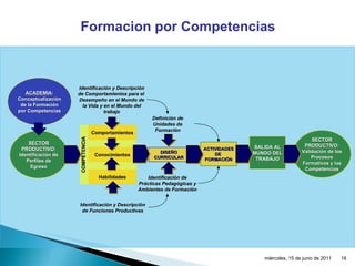 COMPETENCIA ACADEMIA : Conceptualización de la Formación por Competencias SECTOR PRODUCTIVO : Validación de los Procesos Formativos y las Competencias Conocimientos Comportamientos Habilidades Identificación y Descripción de Comportamientos para el  Desempeño en el Mundo de la Vida y en el Mundo del trabajo Identificación y Descripción de Funciones Productivas Identificación de Prácticas Pedagógicas y Ambientes de Formación Definición de Unidades de Formación DISEÑO CURRICULAR ACTIVIDADES DE  FORMACIÓN SALIDA AL MUNDO DEL TRABAJO SECTOR PRODUCTIVO : Identificación de Perfiles de Egreso Formacion por Competencias miércoles, 15 de junio de 2011 