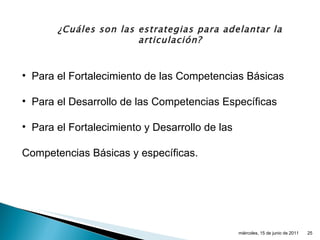 ¿Cuáles son las estrategias para adelantar la articulación? Para el Fortalecimiento de las Competencias Básicas Para el Desarrollo de las Competencias Específicas Para el Fortalecimiento y Desarrollo de las Competencias Básicas y específicas. miércoles, 15 de junio de 2011 