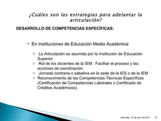 ¿Cuáles son las estrategias para adelantar la articulación? DESARROLLO DE COMPETENCIAS ESPECÍFICAS: En Instituciones de Educación Media Académica La Articulación es asumida por la Institución de Educación Superior. Rol de los docentes de la IEM:  Facilitar el proceso y las acciones de coordinación. Jornada contraria o sabatina en la sede de la IES o de la IEM Reconocimiento de las Competencias Técnicas Específicas (Certificación de Competencias Laborales o Certificado de Créditos Académicos). miércoles, 15 de junio de 2011 