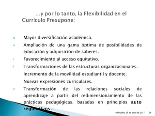 Mayor diversificación académica. Ampliación de una gama óptima de posibilidades de educación y adquisición de saberes. Favorecimiento al acceso equitativo. Transformaciones de las estructuras organizacionales. Incremento de la movilidad estudiantil y docente. Nuevas expresiones curriculares. Transformación de las relaciones sociales de aprendizaje a partir del redimensionamiento de las prácticas pedagógicas, basadas en principios  auto regulativos . miércoles, 15 de junio de 2011 