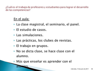 En el aula:   La clase magistral, el seminario, el panel. El estudio de casos. Las simulaciones. Las prácticas, los clubes de revistas. El trabajo en grupos. No se dicta clase, se hace clase con el alumno. Más que enseñar es aprender con el alumno. miércoles, 15 de junio de 2011 