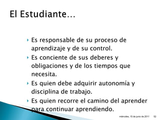 Es responsable de su proceso de aprendizaje y de su control. Es conciente de sus deberes y obligaciones y de los tiempos que necesita. Es quien debe adquirir autonomía y disciplina de trabajo. Es quien recorre el camino del aprender para continuar aprendiendo. miércoles, 15 de junio de 2011 