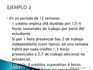 En un período de 12 semanas: 1 crédito implica (48 dividido por 12) 4 horas semanales de trabajo por parte del estudiante Si por 1 hora presencial hay 2 de trabajo independiente (caso típico), en una semana habrá por cada crédito 1.3 horas presenciales y 2.7 de trabajo adicional no presencial. Es decir, 3 créditos supondrían 4 horas presenciales y 8 horas no presenciales miércoles, 15 de junio de 2011 