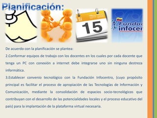 De acuerdo con la planificación se plantea: Conformar equipos de trabajo con los docentes en los cuales por cada docente que tenga un PC con conexión a internet debe integrarse uno sin ninguna destreza informática. Establecer convenio tecnológico con la Fundación Infocentro, (cuyo propósito principal es facilitar el proceso de apropiación de las Tecnologías de Información y Comunicación, mediante la consolidación de espacios socio-tecnológicos que contribuyan con el desarrollo de las potencialidades locales y el proceso educativo del país) para la implantación de la plataforma virtual necesaria. 